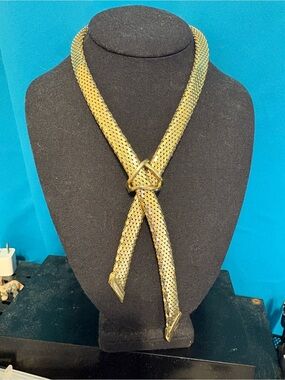 whiting & davis vintage 70-80’s crossover tie mesh necklace gold tone lariat